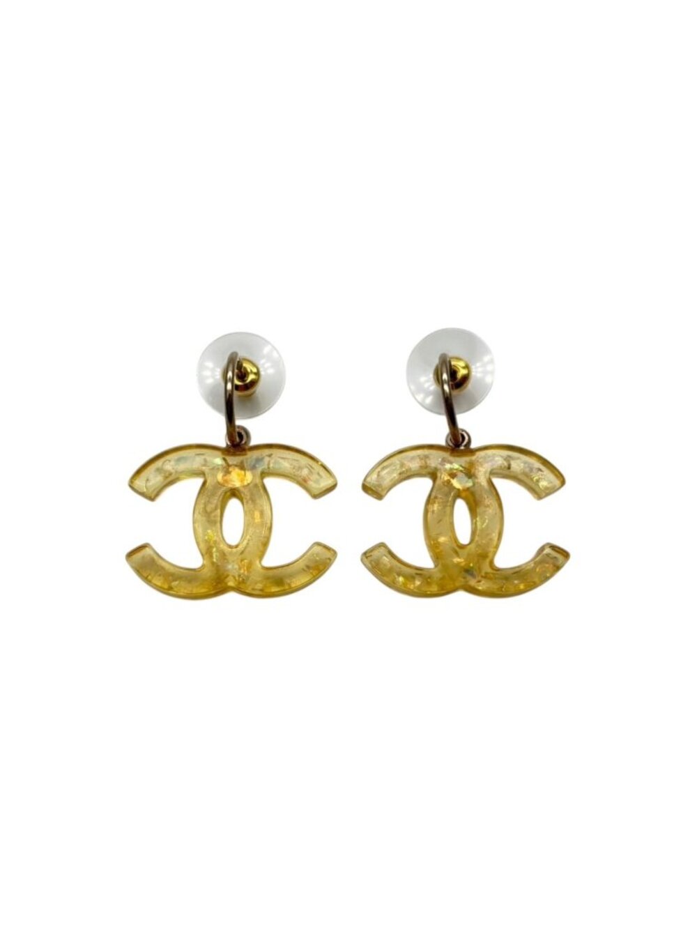 Chanel CC Logo Dangling Earrings 08 Resin Glitter Clear Yellow